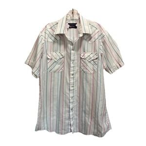 Vintage Panhandle Slim White/Green Stripe Short Sleeve Button Up Shirt Sz 16 1/2